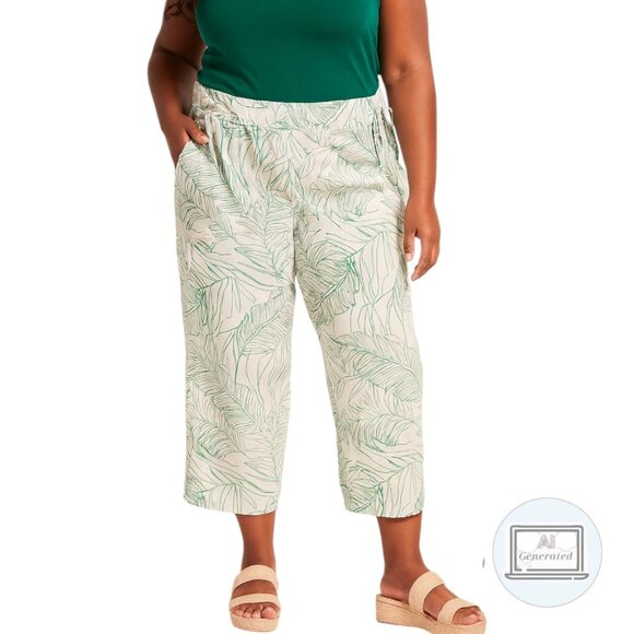 Rachel Zoe Womens LInen Crop Pants Wide Leg Pull on Green Floral Plus Size 1X - Picture 1 of 12
